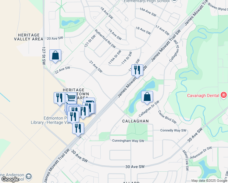 map of restaurants, bars, coffee shops, grocery stores, and more near 11804 22 Avenue Southwest in Edmonton