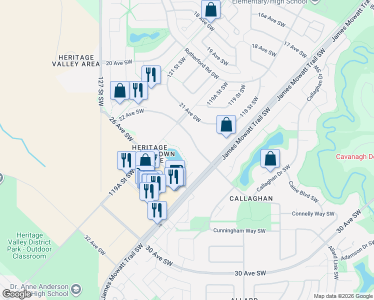 map of restaurants, bars, coffee shops, grocery stores, and more near 11823 22 Avenue Southwest in Edmonton