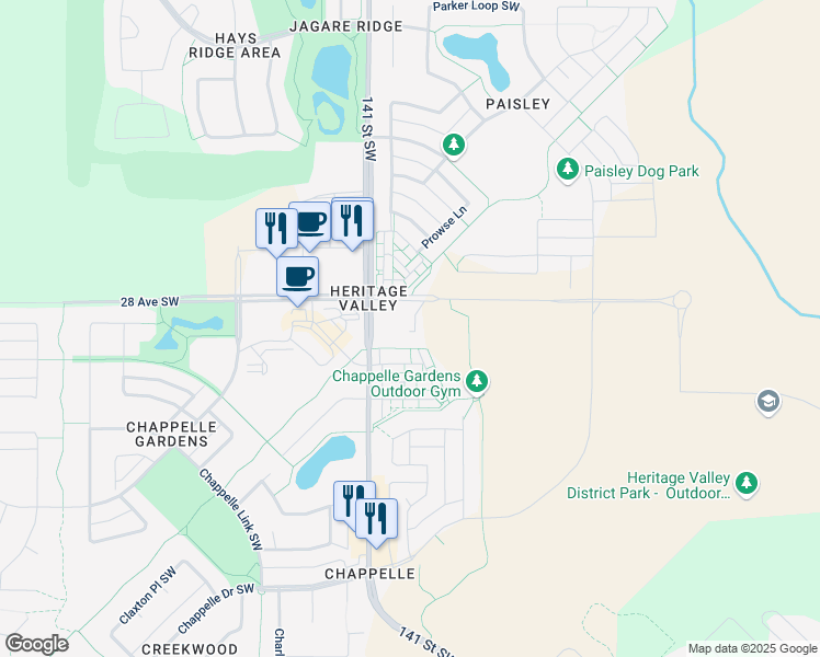 map of restaurants, bars, coffee shops, grocery stores, and more near 2905 141 Street Southwest in Edmonton