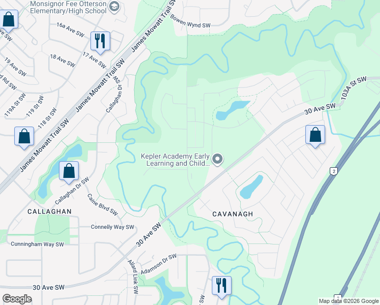 map of restaurants, bars, coffee shops, grocery stores, and more near 1427 Cherniak Way Southwest in Edmonton