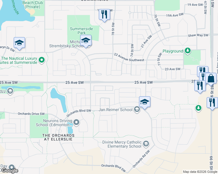 map of restaurants, bars, coffee shops, grocery stores, and more near 4008 Savaryn Drive Southwest in Edmonton