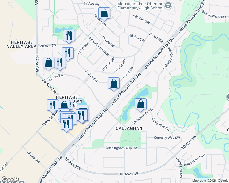 map of restaurants, bars, coffee shops, grocery stores, and more near 11808 22 Avenue Southwest in Edmonton