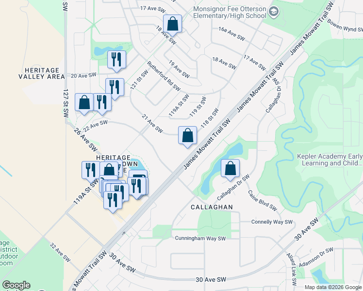map of restaurants, bars, coffee shops, grocery stores, and more near 11823 21 Avenue Southwest in Edmonton