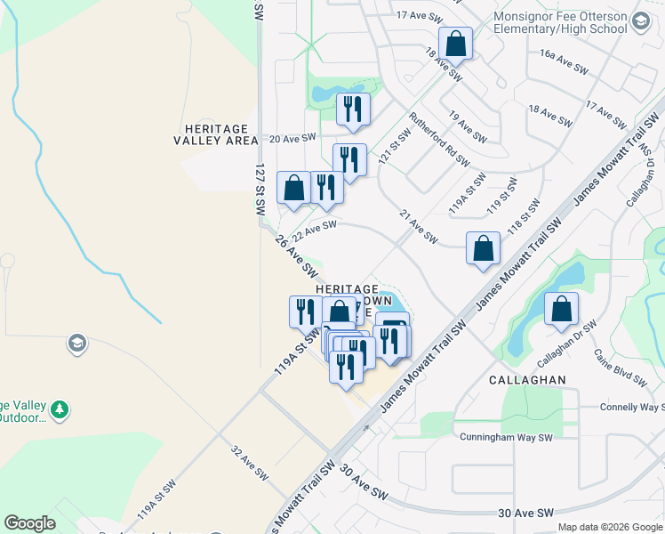 map of restaurants, bars, coffee shops, grocery stores, and more near 11968 26 Avenue Southwest in Edmonton