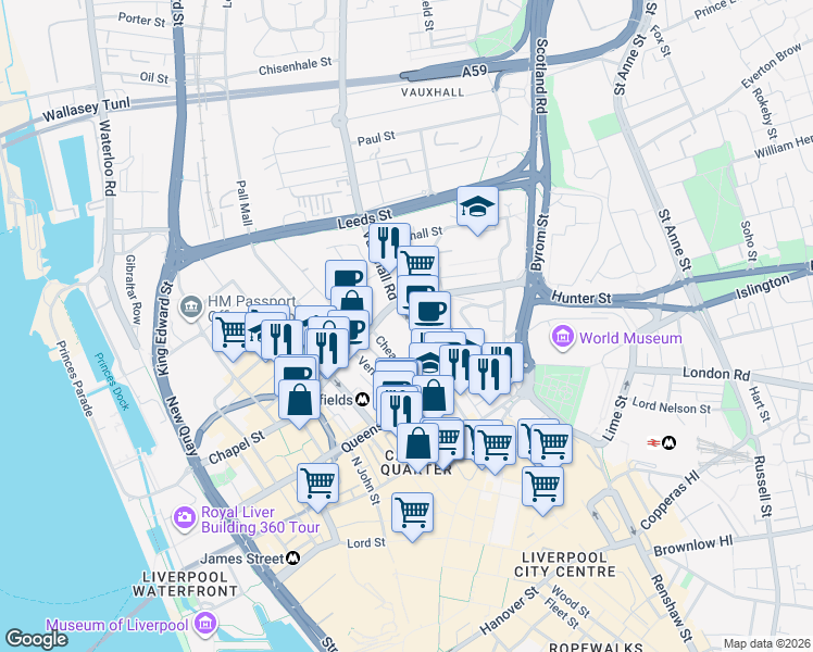 map of restaurants, bars, coffee shops, grocery stores, and more near Hatton Garden in Merseyside