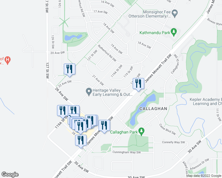 map of restaurants, bars, coffee shops, grocery stores, and more near 11849 21 Avenue Southwest in Edmonton