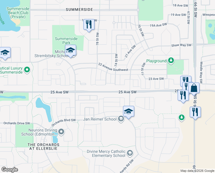 map of restaurants, bars, coffee shops, grocery stores, and more near 2323 76 Street Southwest in Edmonton