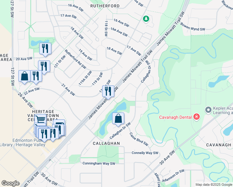 map of restaurants, bars, coffee shops, grocery stores, and more near 442 Callaghan Court Southwest in Edmonton