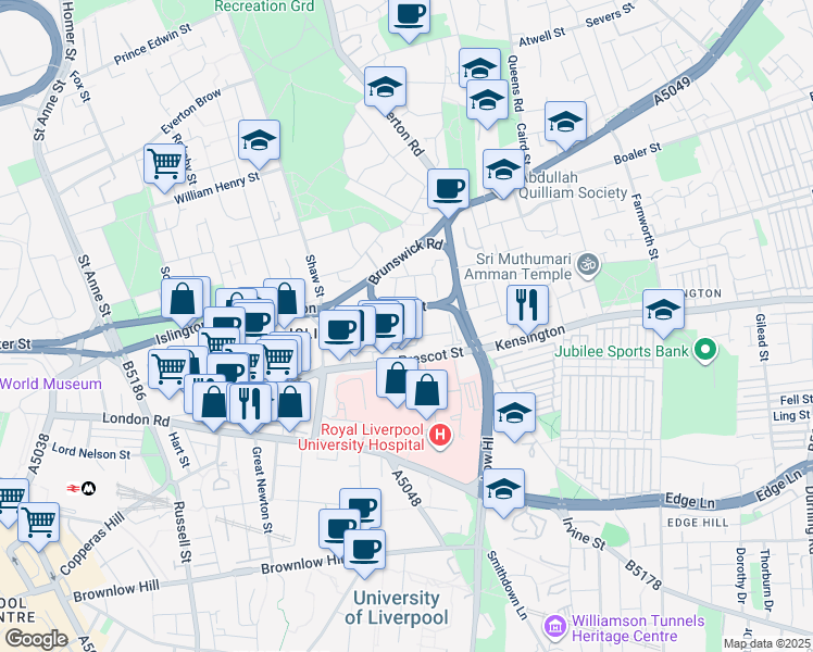 map of restaurants, bars, coffee shops, grocery stores, and more near 190 Erskine Street in Merseyside