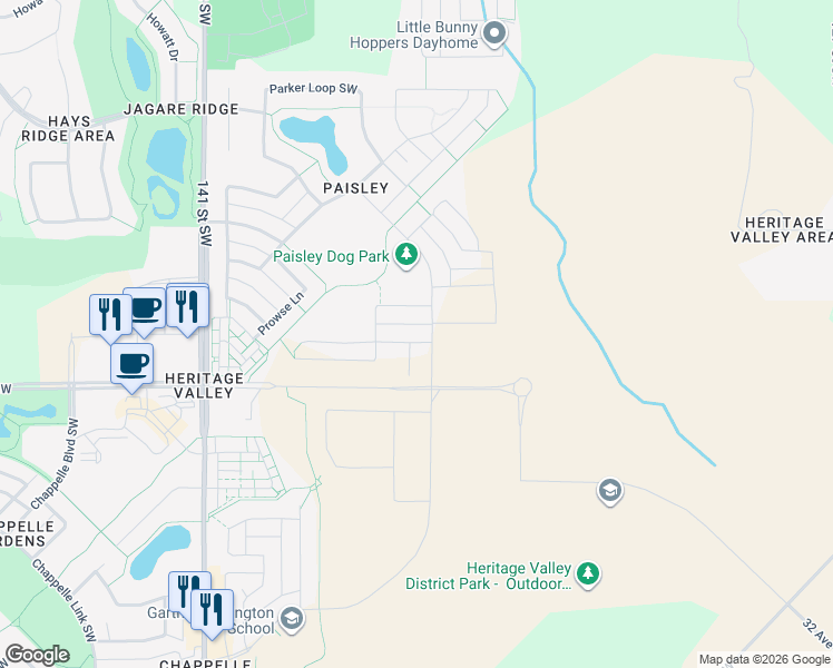 map of restaurants, bars, coffee shops, grocery stores, and more near 1410 Podersky Link Southwest in Edmonton