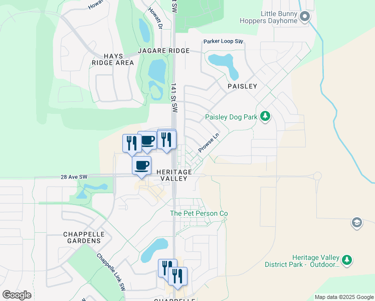 map of restaurants, bars, coffee shops, grocery stores, and more near 4470 Prowse Road Southwest in Edmonton