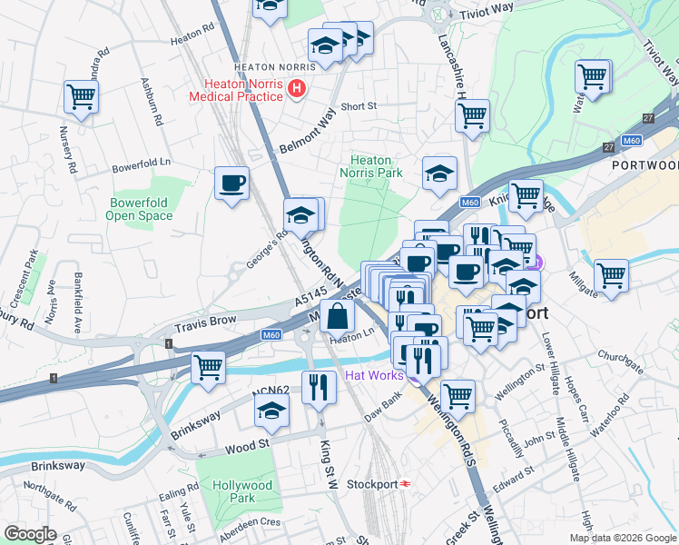 map of restaurants, bars, coffee shops, grocery stores, and more near 30 Wellington Road North in Greater Manchester