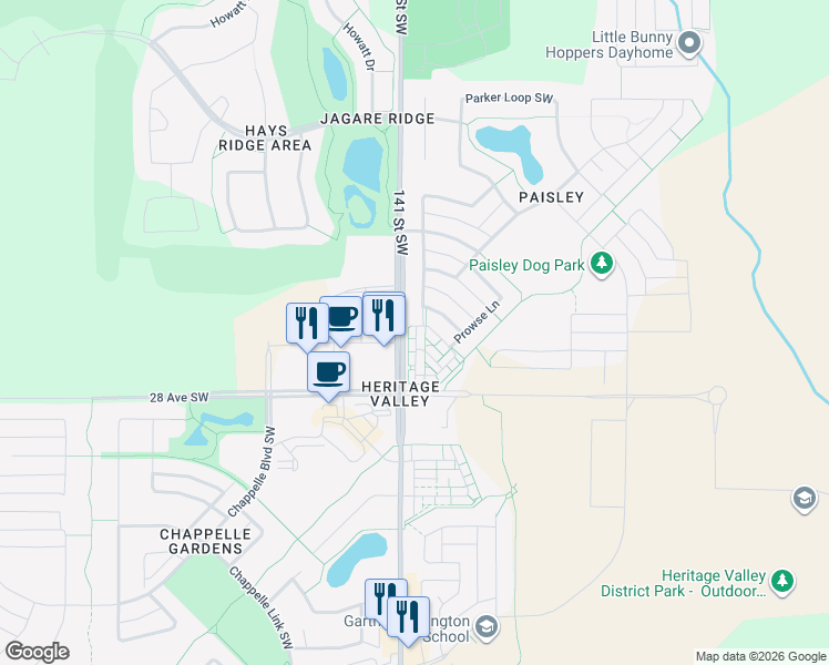 map of restaurants, bars, coffee shops, grocery stores, and more near 2 141 Street Southwest in Edmonton