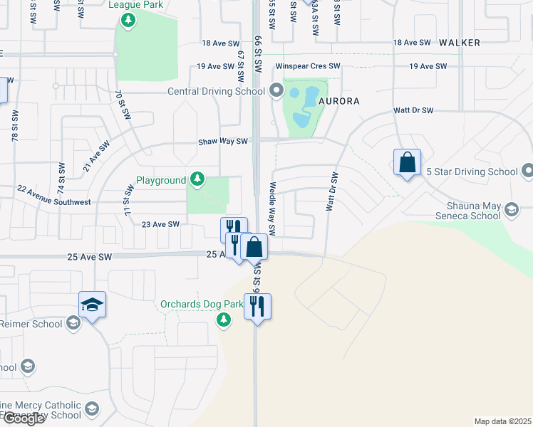 map of restaurants, bars, coffee shops, grocery stores, and more near 3398 Weidle Way Southwest in Edmonton