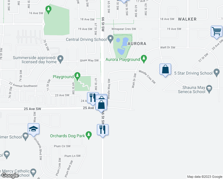 map of restaurants, bars, coffee shops, grocery stores, and more near 3398 Weidle Way Southwest in Edmonton