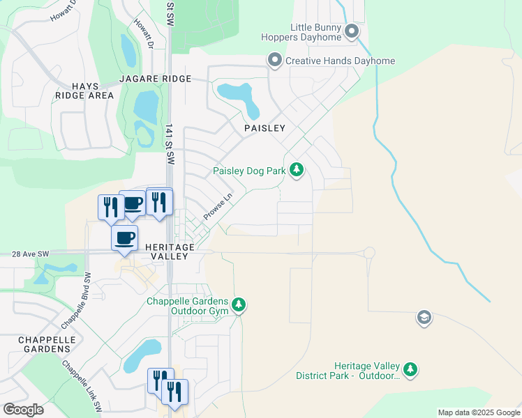 map of restaurants, bars, coffee shops, grocery stores, and more near 4033 Prowse Way Southwest in Edmonton