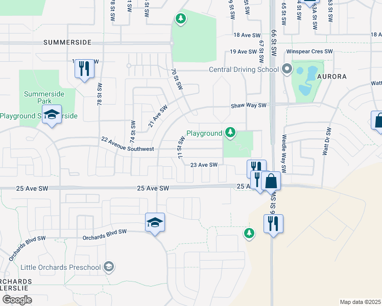 map of restaurants, bars, coffee shops, grocery stores, and more near 7023 22 Avenue Southwest in Edmonton