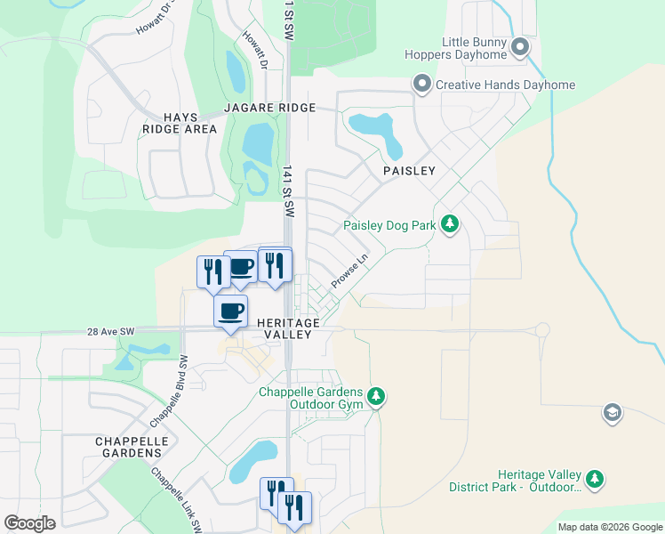 map of restaurants, bars, coffee shops, grocery stores, and more near 4326 Prowse Link Southwest in Edmonton