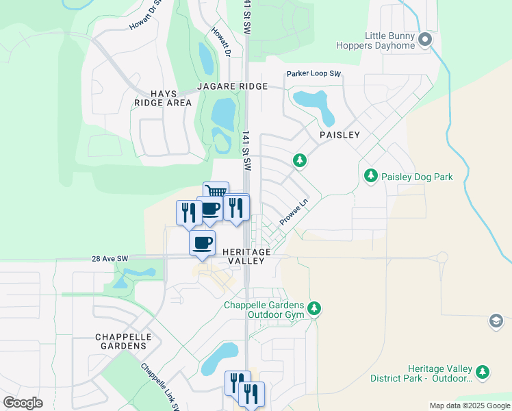 map of restaurants, bars, coffee shops, grocery stores, and more near 4456 Prowse Road Southwest in Edmonton