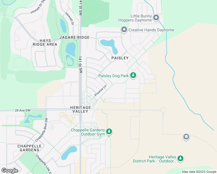 map of restaurants, bars, coffee shops, grocery stores, and more near 4033 Prowse Way Southwest in Edmonton