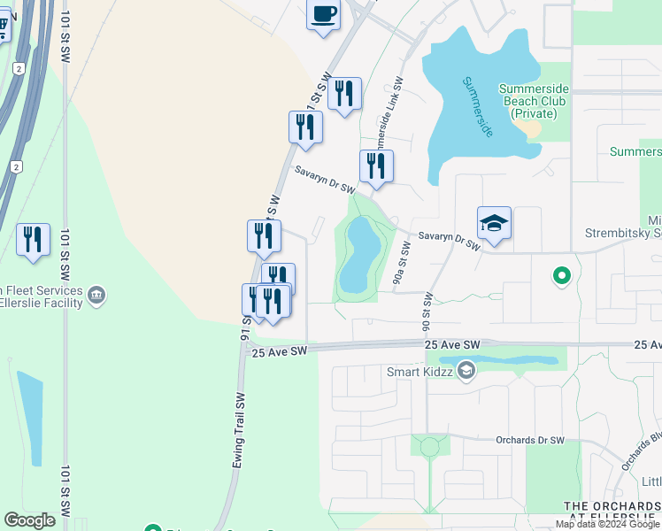 map of restaurants, bars, coffee shops, grocery stores, and more near 2333 90b Street Southwest in Edmonton