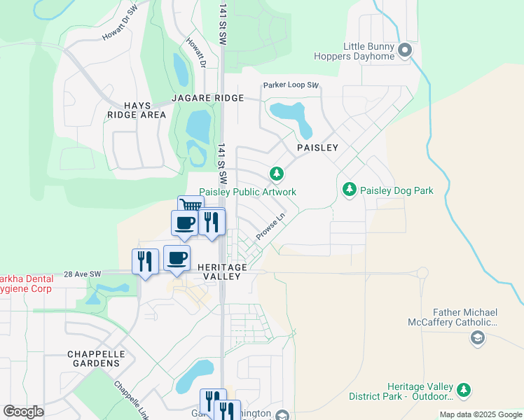map of restaurants, bars, coffee shops, grocery stores, and more near 4227 Prowse Way Southwest in Edmonton