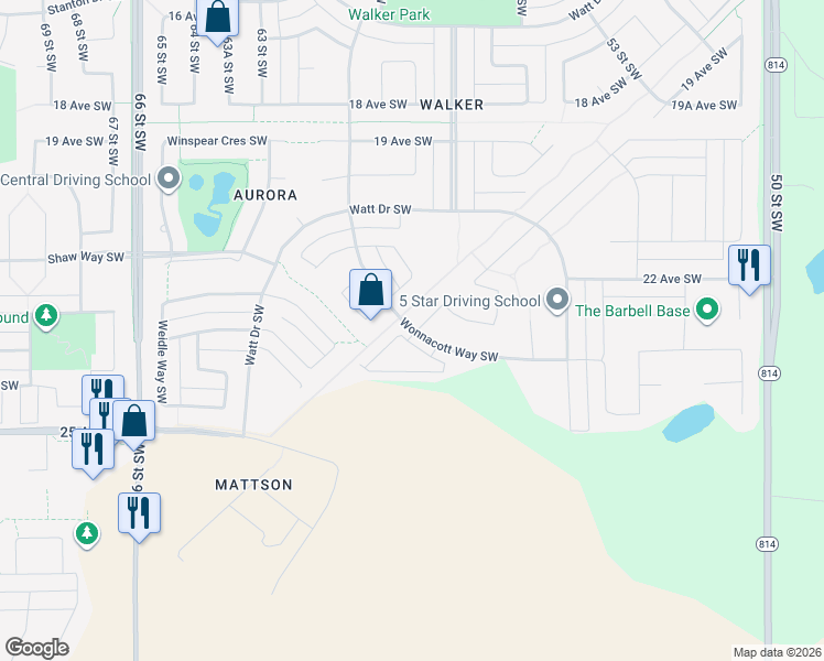 map of restaurants, bars, coffee shops, grocery stores, and more near 2092 Wonnacott Way in Edmonton