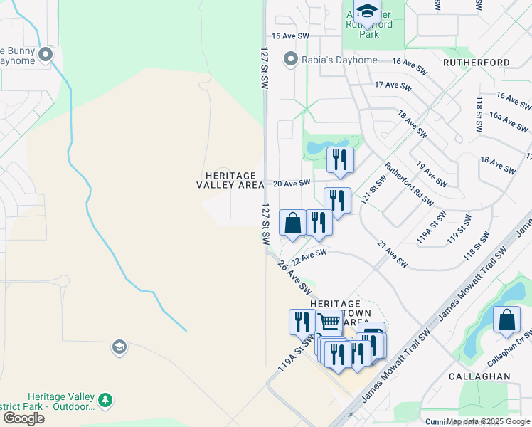 map of restaurants, bars, coffee shops, grocery stores, and more near 2499 127 Street Southwest in Edmonton