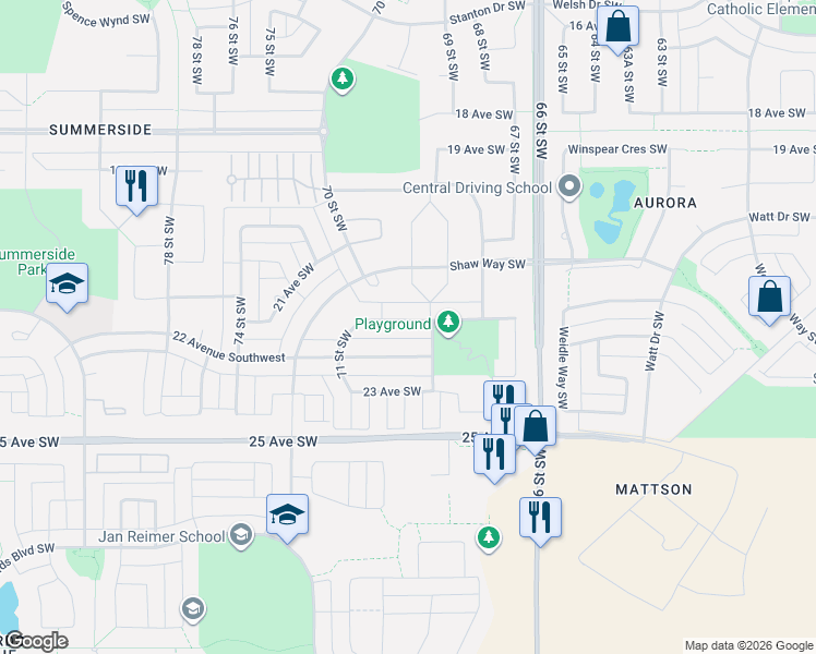 map of restaurants, bars, coffee shops, grocery stores, and more near 6942 21A Avenue Southwest in Edmonton