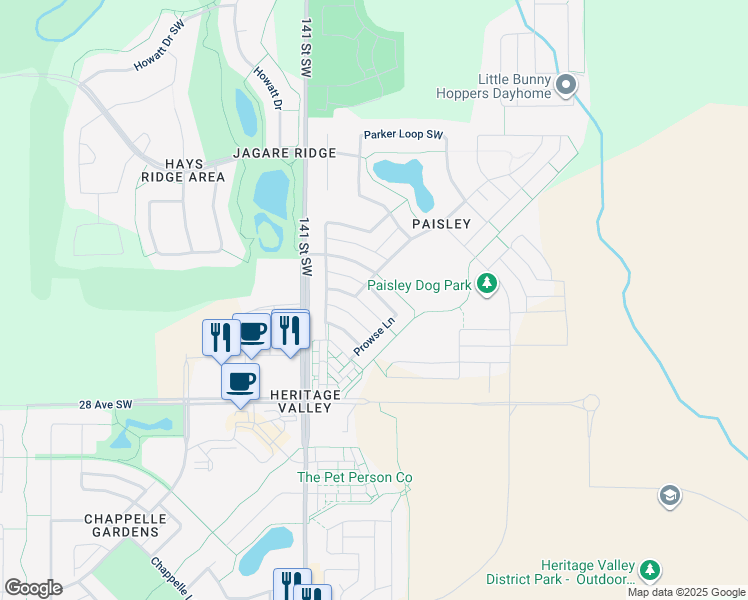 map of restaurants, bars, coffee shops, grocery stores, and more near 4234 Prowse Way Southwest in Edmonton