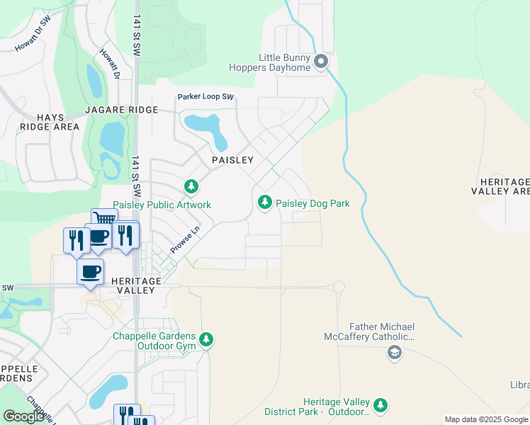 map of restaurants, bars, coffee shops, grocery stores, and more near 3051 Paisley Green Southwest in Edmonton