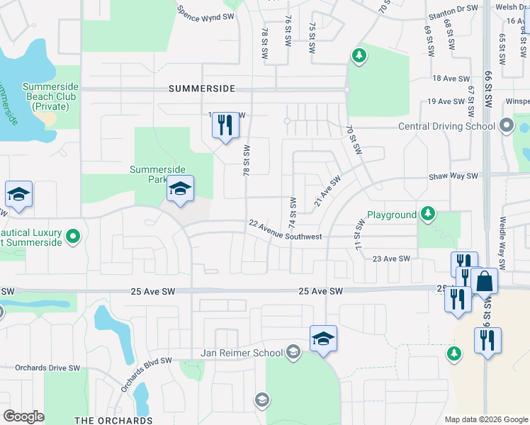 map of restaurants, bars, coffee shops, grocery stores, and more near 7509 20A Avenue Southwest in Edmonton