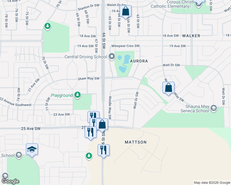 map of restaurants, bars, coffee shops, grocery stores, and more near 3335 Weidle Way Southwest in Edmonton