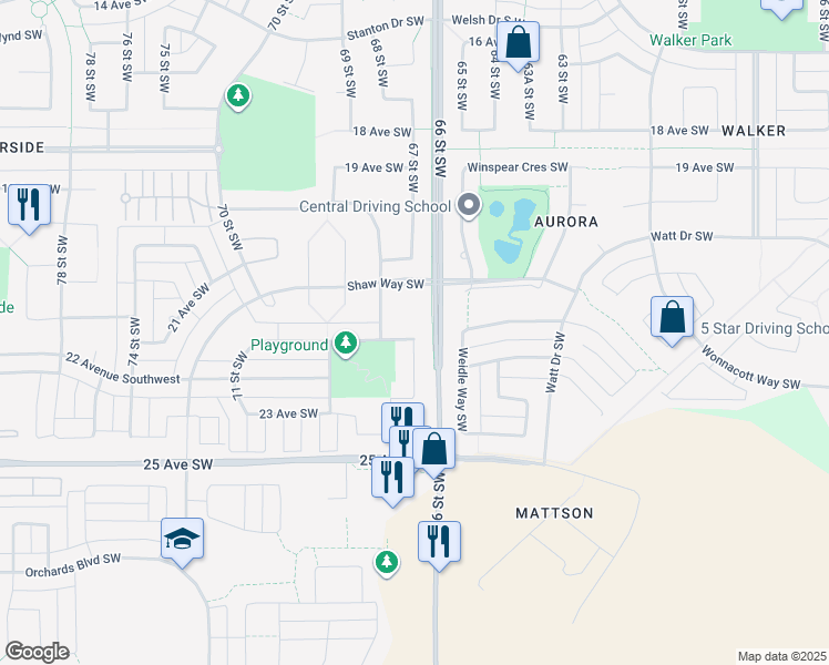 map of restaurants, bars, coffee shops, grocery stores, and more near 6706 21A Avenue Southwest in Edmonton