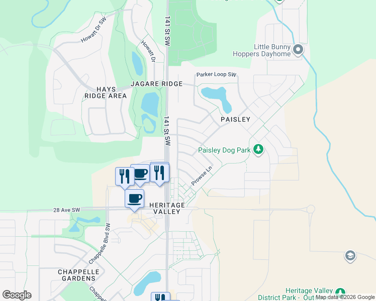 map of restaurants, bars, coffee shops, grocery stores, and more near 4216 Prowse Way Southwest in Edmonton