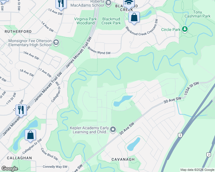 map of restaurants, bars, coffee shops, grocery stores, and more near 2203 111 Street Southwest in Edmonton