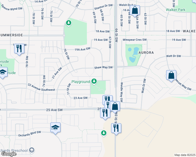 map of restaurants, bars, coffee shops, grocery stores, and more near 6726 21A Avenue Southwest in Edmonton