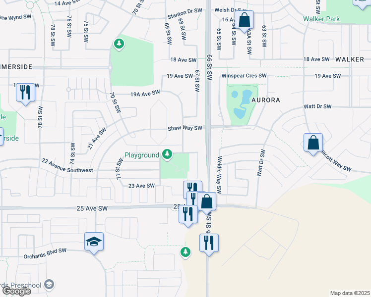 map of restaurants, bars, coffee shops, grocery stores, and more near 6726 21A Avenue Southwest in Edmonton