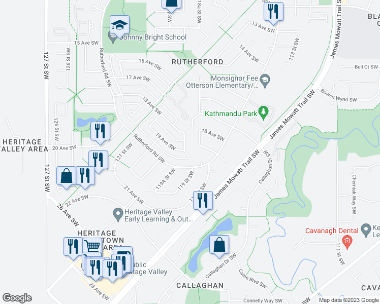 map of restaurants, bars, coffee shops, grocery stores, and more near 1867 119 Street Southwest in Edmonton