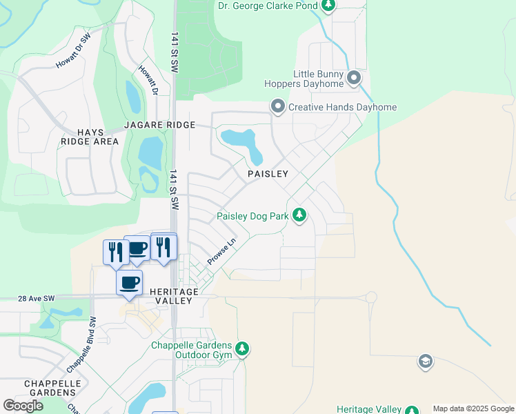 map of restaurants, bars, coffee shops, grocery stores, and more near 3051 Paisley Green Southwest in Edmonton