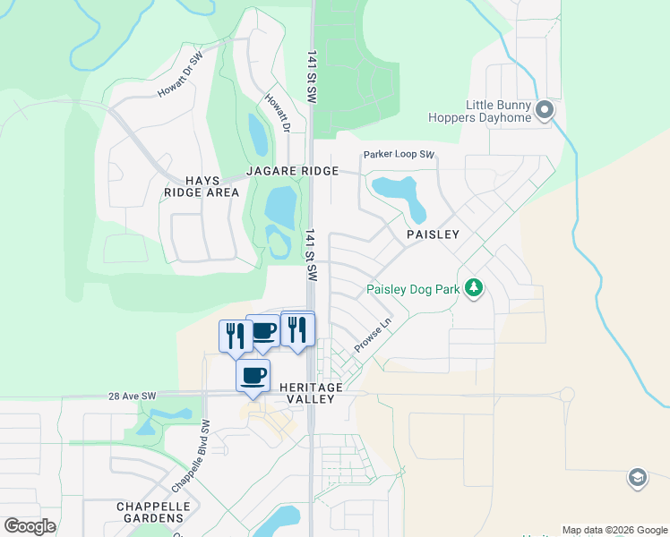 map of restaurants, bars, coffee shops, grocery stores, and more near 4216 Prowse Way Southwest in Edmonton