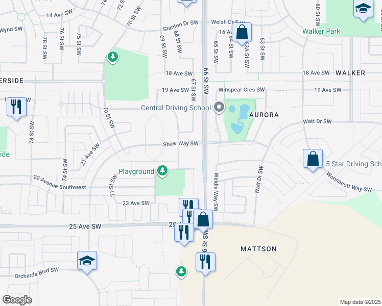 map of restaurants, bars, coffee shops, grocery stores, and more near 6706 21A Avenue Southwest in Edmonton