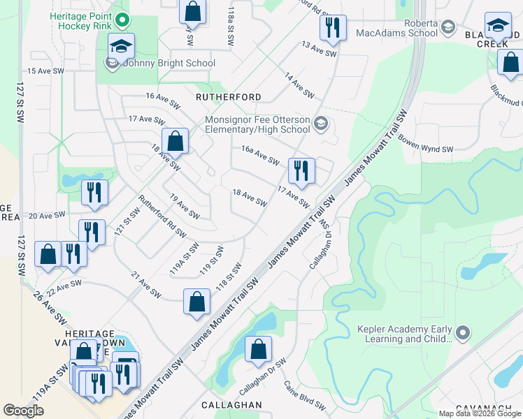 map of restaurants, bars, coffee shops, grocery stores, and more near 11542 18A Avenue Southwest in Edmonton