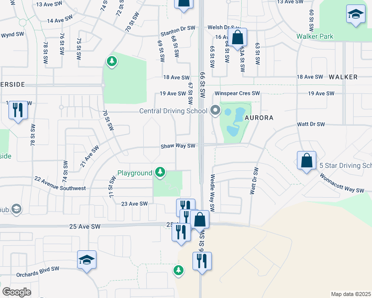 map of restaurants, bars, coffee shops, grocery stores, and more near 2105 68 Street Southwest in Edmonton