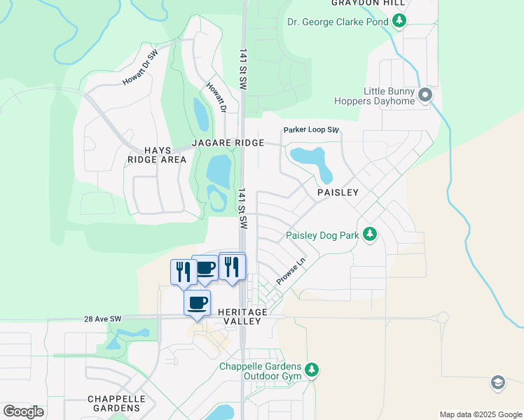 map of restaurants, bars, coffee shops, grocery stores, and more near 3138 Paisley Road Southwest in Edmonton