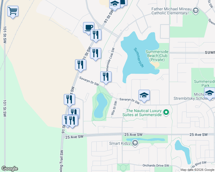 map of restaurants, bars, coffee shops, grocery stores, and more near 969 Summerside Link Southwest in Edmonton
