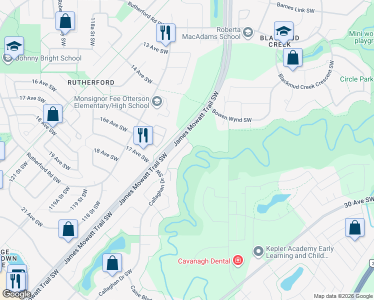 map of restaurants, bars, coffee shops, grocery stores, and more near 1631 James Mowatt Trail Southwest in Edmonton
