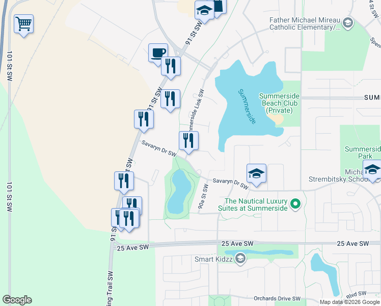 map of restaurants, bars, coffee shops, grocery stores, and more near 969 Summerside Link Southwest in Edmonton