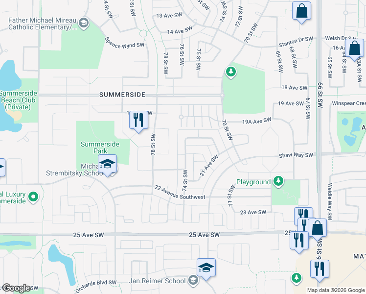 map of restaurants, bars, coffee shops, grocery stores, and more near 1920 74 Street Southwest in Edmonton