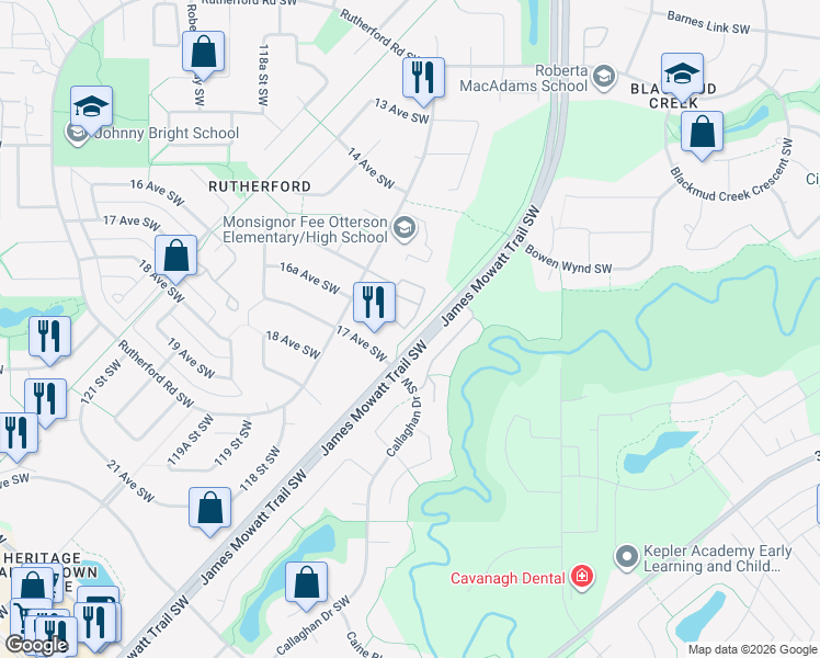 map of restaurants, bars, coffee shops, grocery stores, and more near 11404 17 Avenue Southwest in Edmonton